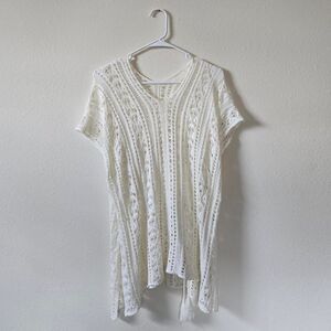 Women's Y2K Boho Indie Knit White Cover Up Poncho Fringe Top